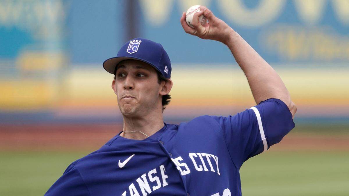 Kansas City Royals starting pitcher Daniel Lynch pitched five innings and allowed one run against the Seattle Mariners on Tuesday, March 29, 2022, in Peoria, Ariz.
