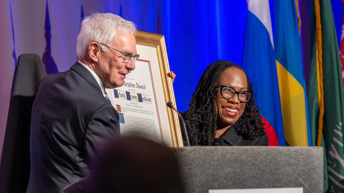 U.S. Supreme Court Justice Ketanji Brown Jackson smiles as she receives the Harry S. Truman Good Neighbor Award during the Truman Foundation Annual Luncheon at the Kansas City Marriott Downtown on Thursday, May 8, 2025.