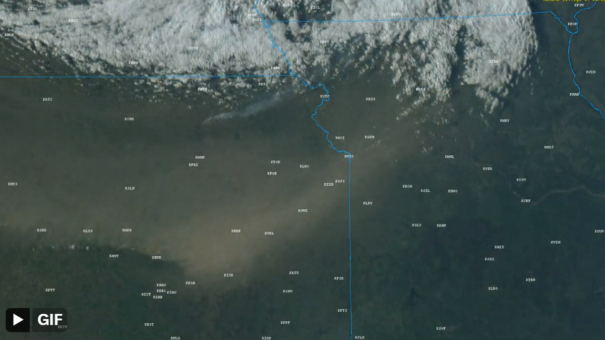 Dust is seen blowing across Kansas and into western Missouri on Sunday, April 7, 2024 in this satellite graphic from the National Weather Service’s Kansas City office.