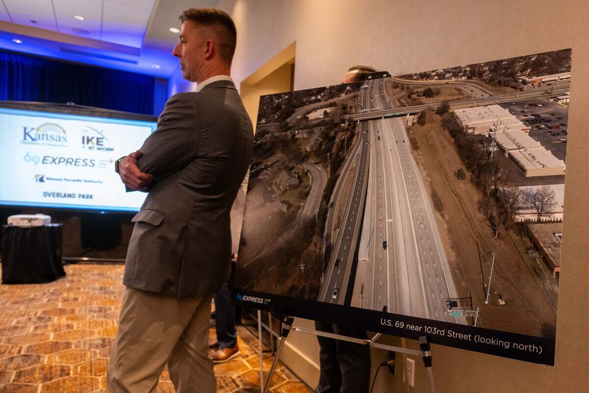 A picture shows the new U.S. 69 Express Lane at a press conference in Overland Park on Tuesday, Feb. 17, 2026.