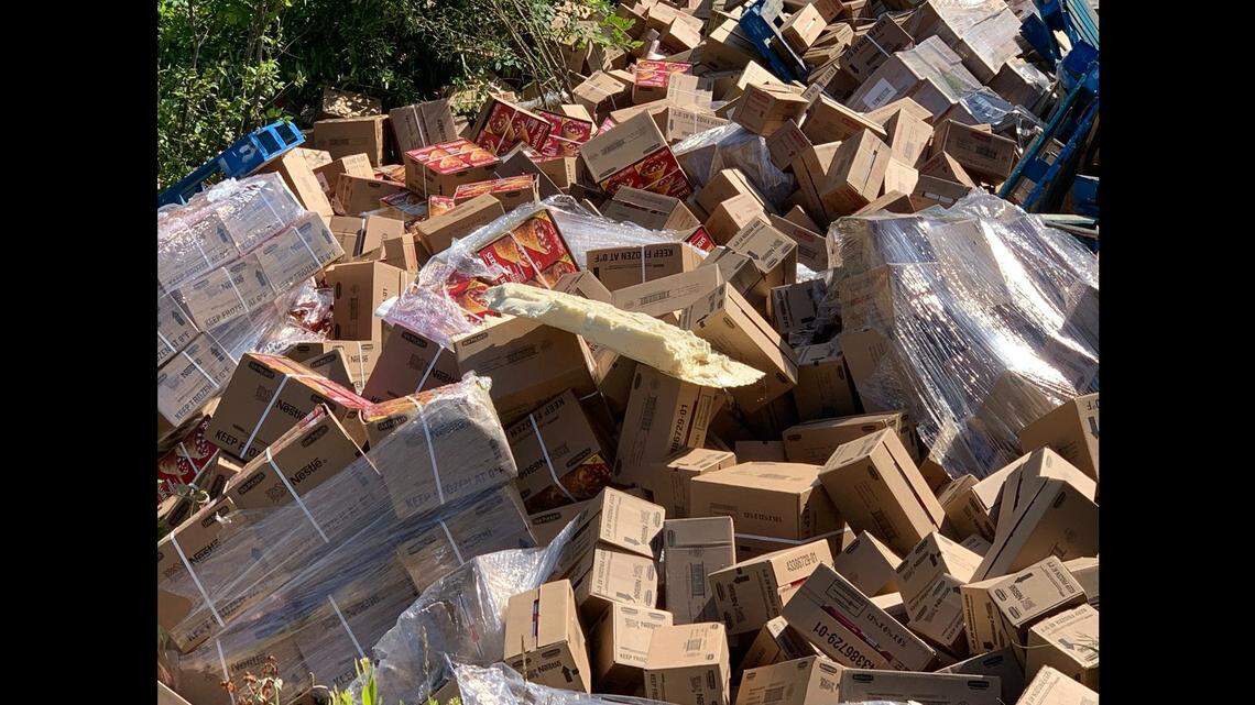 A semitrailer dumped a truckload of Hot Pockets along Interstate 70 in Saline County, Missouri on Thursday. Photo from Missouri State Highway Patrol.