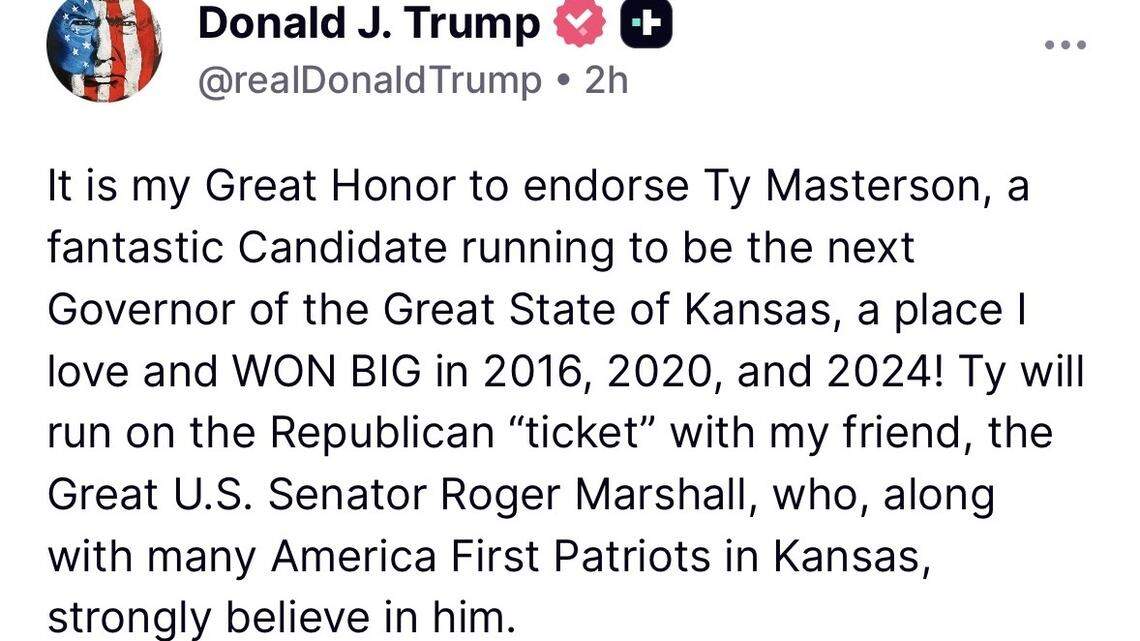 Ty Masterson wins President Donald Trump’s endorsement in Kansas governor race