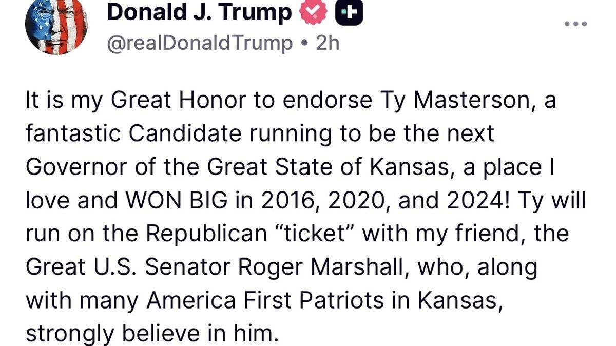 President Donald Trump’s social media post endorsing Ty Masterson for Kansas governor.