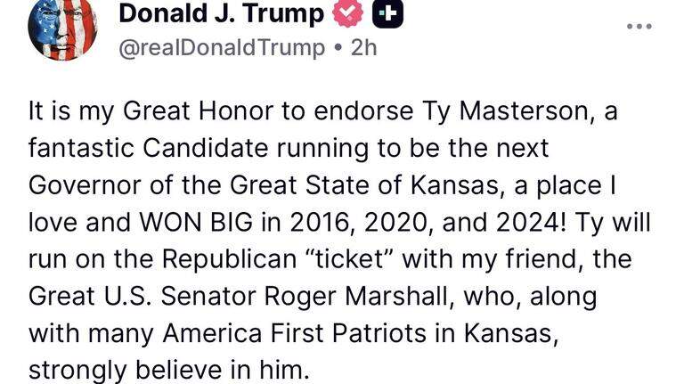 Ty Masterson wins President Donald Trump’s endorsement in Kansas governor race