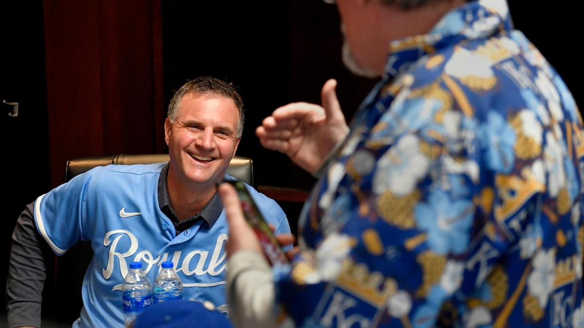 During Saturday’s Royals Rally at Kauffman Stadium on Feb. 4, 2023, manager Matt Quatraro, left, shared a laugh with Royals fan John Gregory, of St. Joseph. The event took the place of Fan Fest and served as a send-off to Spring Training in Arizona.