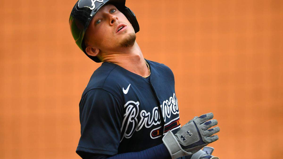 Atlanta Braves’ Drew Waters reacts after grounding out to third base during the eighth inning of an exhibition baseball game against the Miami Marlins, Wednesday, July 22, 2020, in Atlanta. (AP Photo/John Amis)