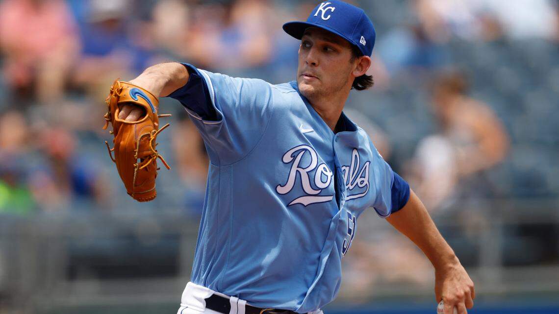 Kansas City Royals pitcher Daniel Lynch throws to a batter during the first inning of a baseball game against the Detroit Tigers at Kauffman Stadium in Kansas City, Mo., Sunday, July 25, 2021. (AP Photo/Colin E. Braley)