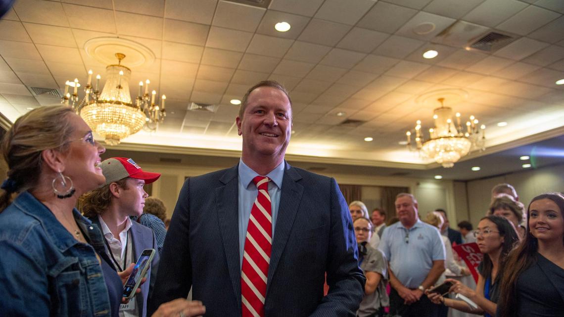 Missouri Attorney General Eric Schmitt greets a crowd of supporters in St. Louis after winning the GOP primary for U.S. Senate on Tuesday, Aug. 2, 2022