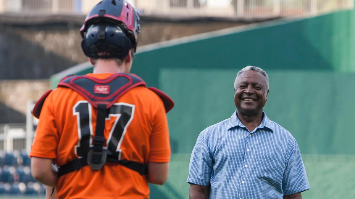 Jackson Co. Executive and Royals Hall of Famer Frank White threw out the first pitch during the Ban Johnson All-Star Game on Monday July 9, 2018 at Kauffman Stadium in Kansas City, Mo.