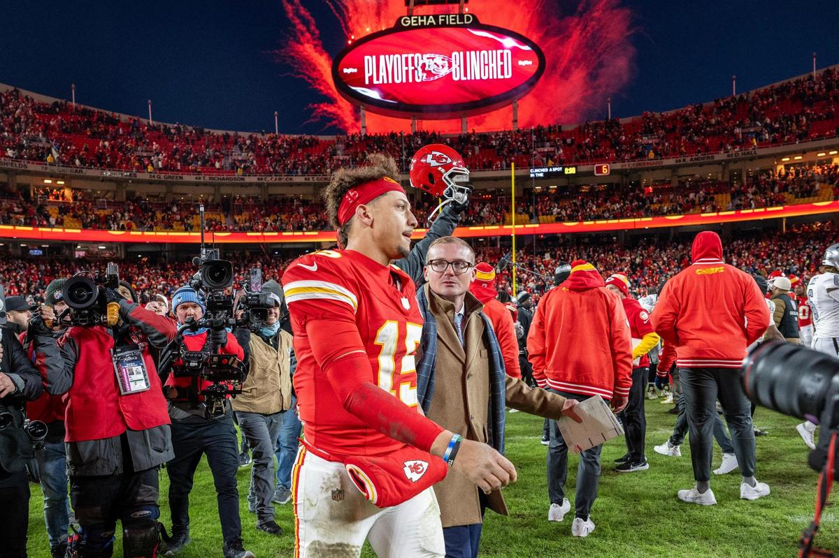Kansas City Chiefs quarterback Patrick Mahomes (15) walks off the field after the Chiefs’ 19-17 victory over the Las Vegas Raiders on Friday, Nov. 29, 2024, at GEHA Field at Arrowhead Stadium.