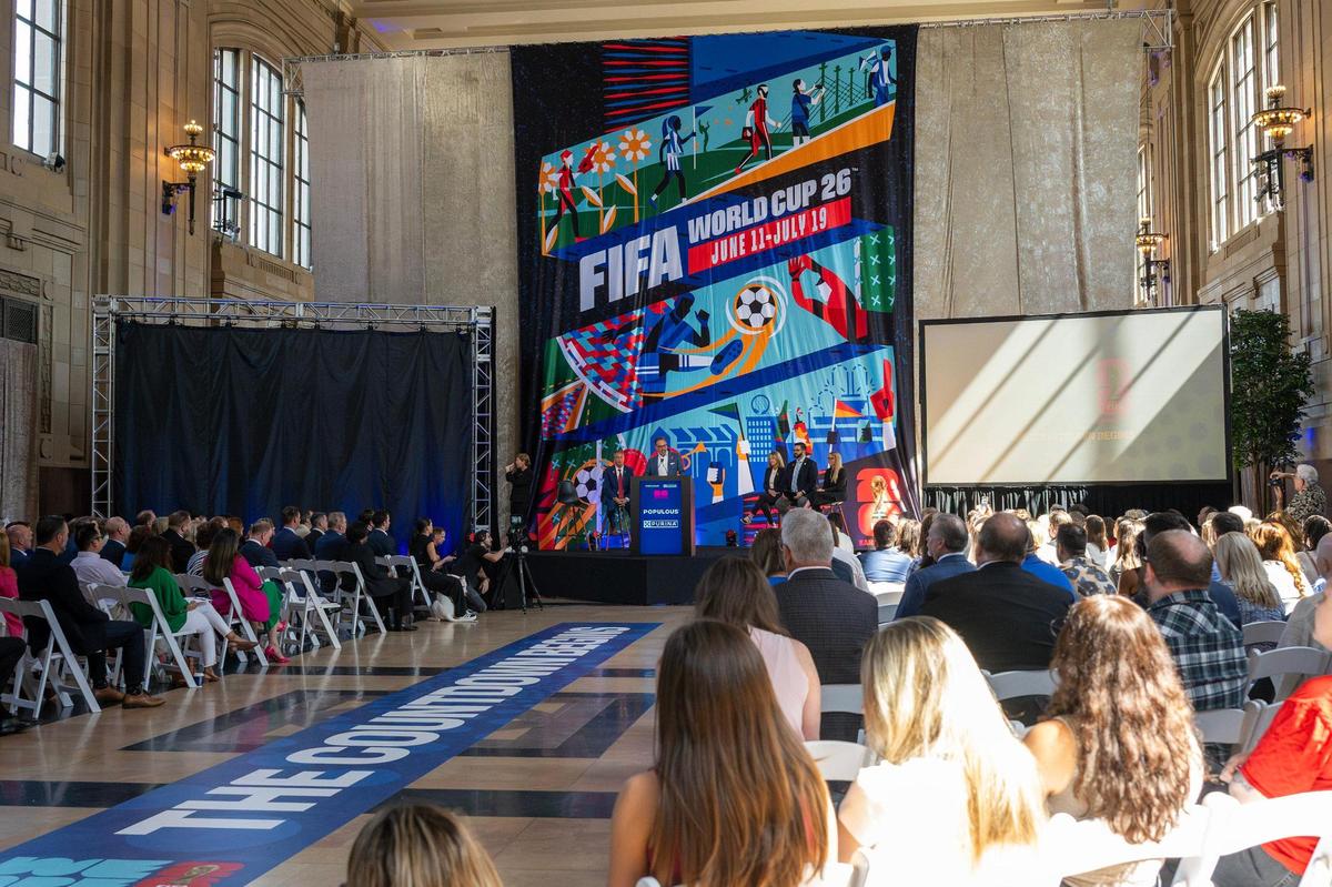 People attend the One Year To Go press conference for the FIFA World Cup at Union Station on Wednesday, June 11, 2025, in Kansas City.