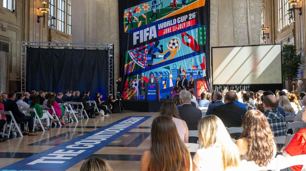 People attend the One Year To Go press conference for the FIFA World Cup at Union Station on Wednesday, June 11, 2025, in Kansas City.