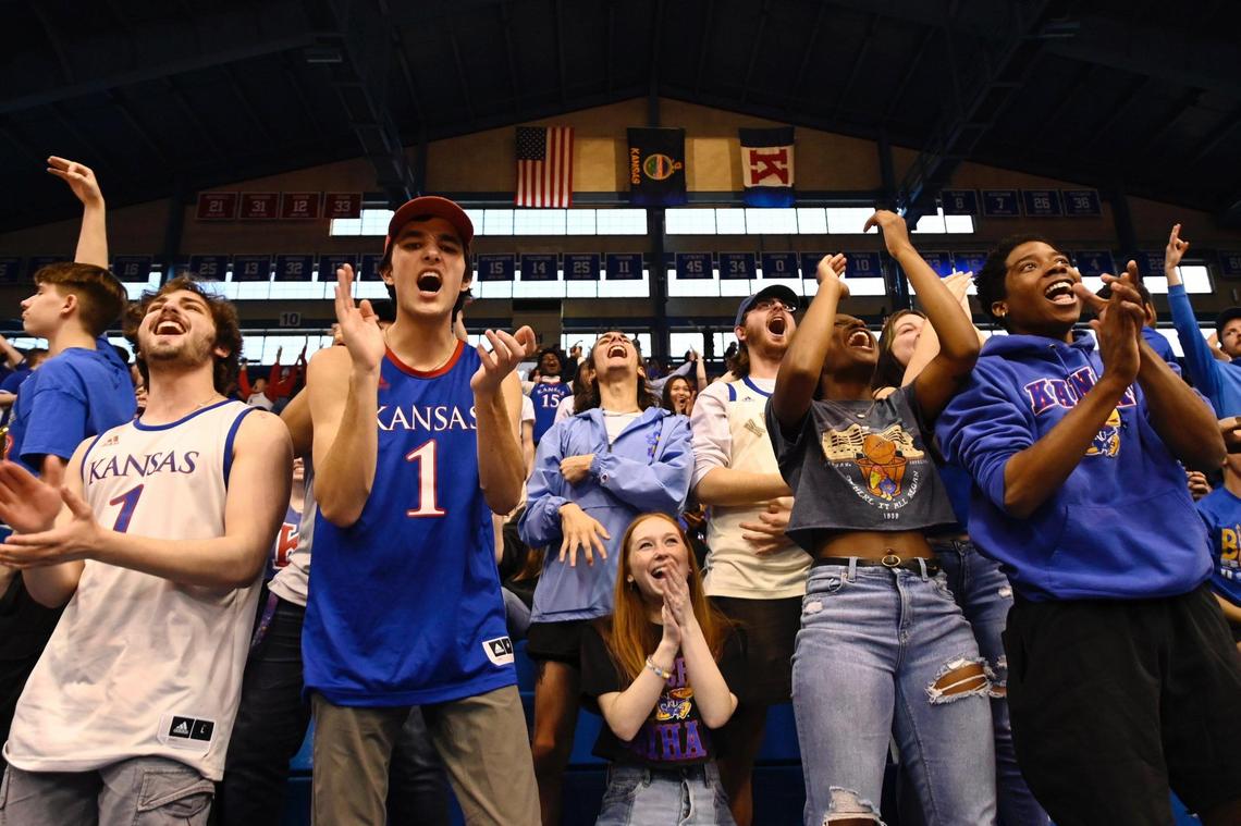 Kansas students and fans cheered on their team while watching the Jayhawks’ Final Four semifinal game with Villanova on the big television screen Saturday at Allen Fieldhouse in Lawrence.
