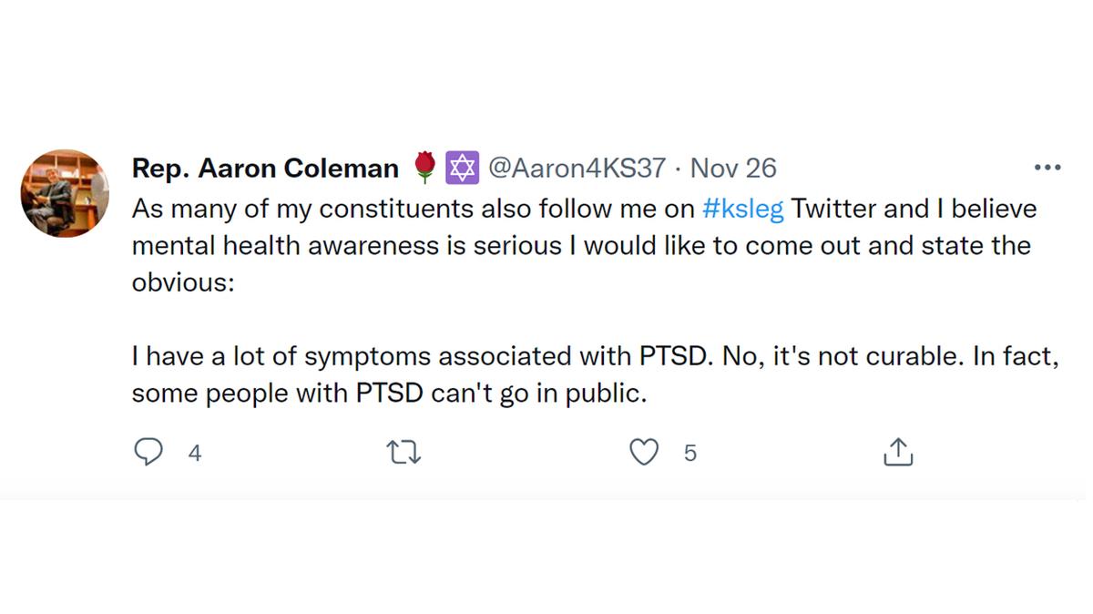 Kansas state Rep. Aaron Coleman tweeted, “I have a lot of symptoms associated with PTSD.