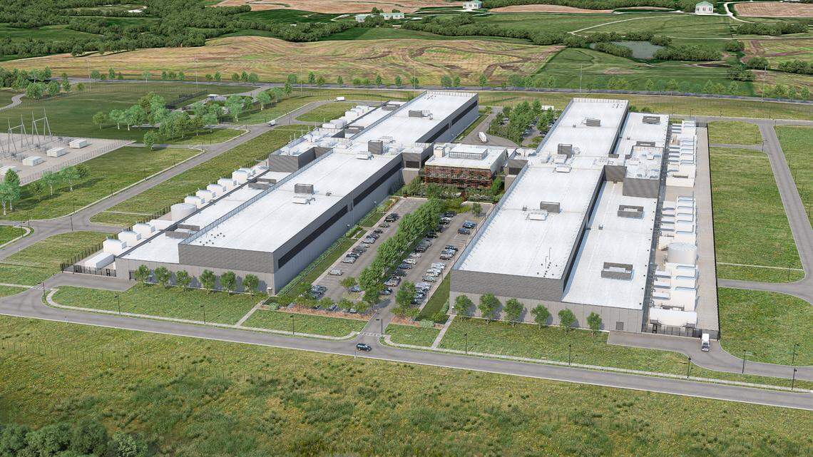 This rendering shows plans for a new $800 million data center that Meta, the parent company of Facebook, plans to build in Kansas City’s Northland.
