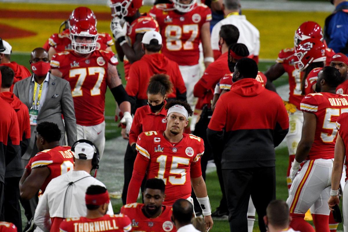 Kansas City Chiefs quarterback Patrick Mahomes walks alone near the bench near the end of the Kansas City Chiefs game against the Tampa Bay Buccaneers in Super Bowl LV at Raymond James Stadium in Tampa, Sunday, Feb. 7, 2021. The Buccaneers defeated the Chiefs 31-9.