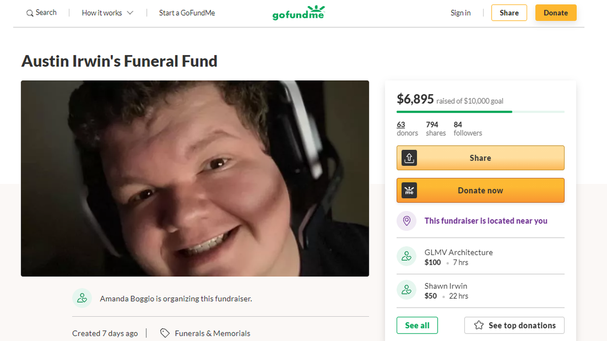 Austin Irwin, 24, was killed Oct. 11 following a head-on car crash in Kansas City, Kansas. Family and friends have set up a GoFundMe page seeking donations.