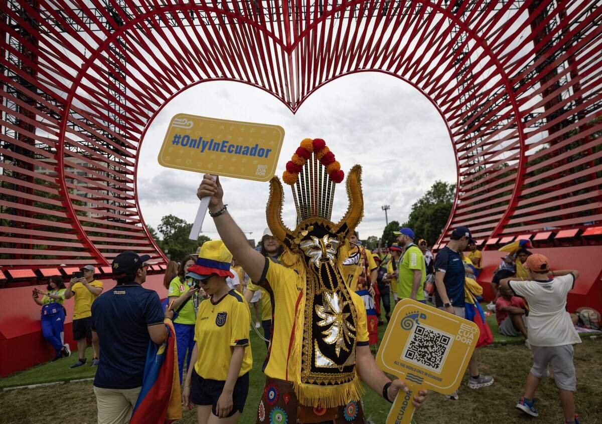 Ecuador fans rally on Friday night at the FIFA Fan Festival at Liberty Memorial. Ecuador takes on Curaçao during group stage play at Kansas City Stadium on Saturday.