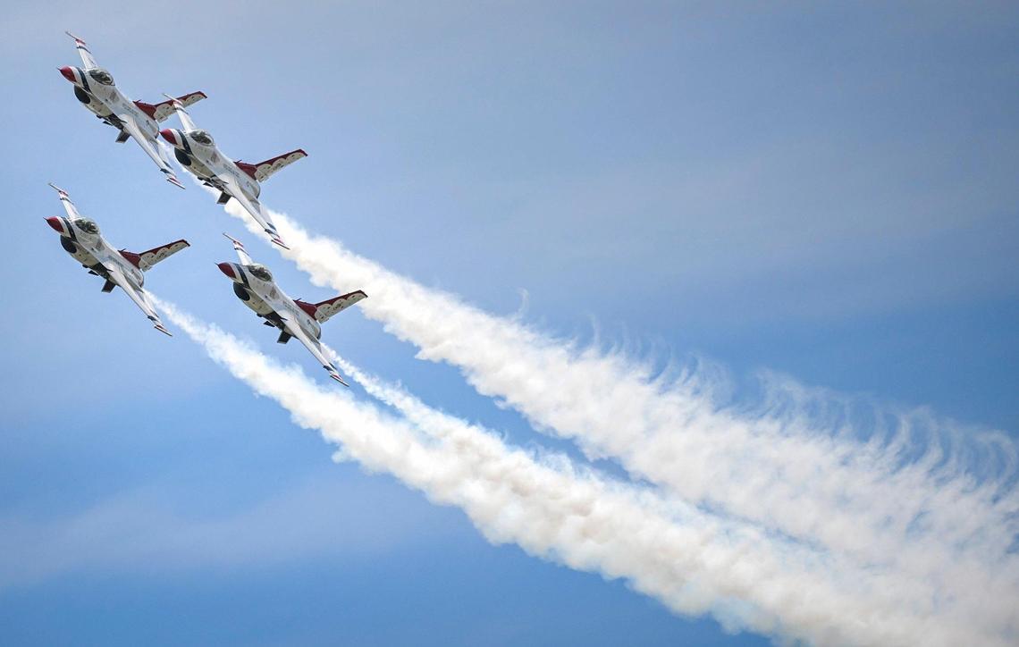 Vapor trails from the U.S. Air Force Thunderbirds as they arrive from Las Vegas at the New Century AirCenter on Thursday, Sept. 1, 2022, in Gardner, Kansas, for the Garmin KC Air Show, which runs Saturday and Sunday. The show features the Thunderbirds, who are on hand to celebrate the U.S. Air Force’s 75th anniversary, and their 69th anniversary. The elite flight squadron will fly in formation at speeds from 150 to 700 mph and at times will be only 18 inches apart.