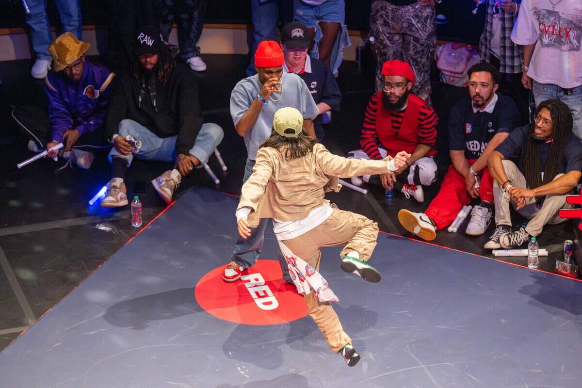 “Passion” flies towards “Sweetface” in their first round battle in the Red Bull Dance Your Style Midwest Regional Qualifier, on Saturday, April 25, 2026, at the Kauffman Center for the Performing Arts.