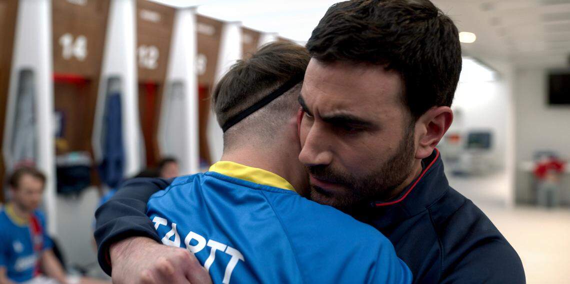 In the world of “Ted Lasso,” even longtime enemies Jamie Tartt (Phil Dunster, left) and Roy Kent (Brett Goldstein) can forge a bond.