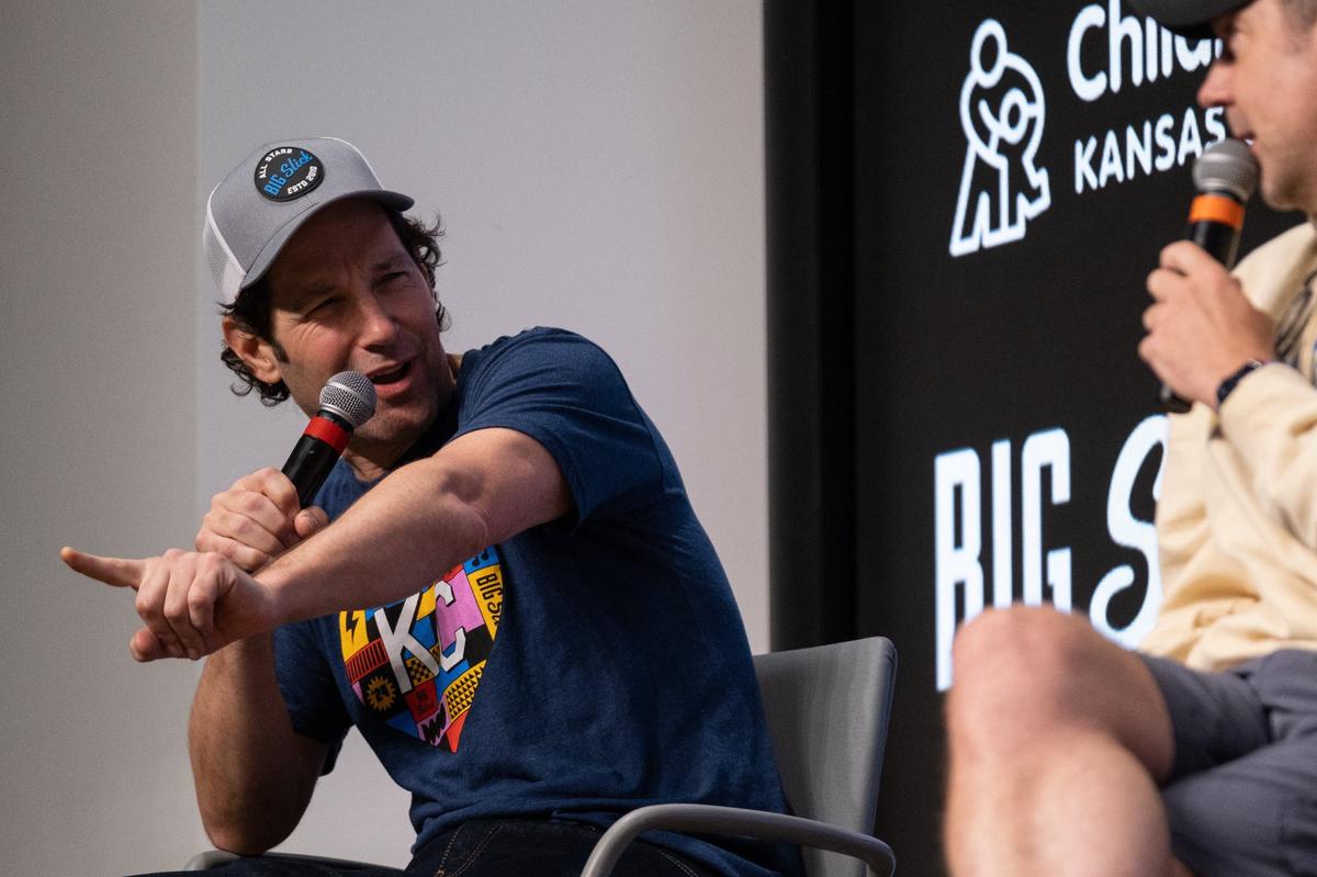 Jason Sudeikis listens as Paul Rudd speaks during the Big Slick Press Conference on Friday, May 31, 2024, at Children’s Mercy Research Institute.