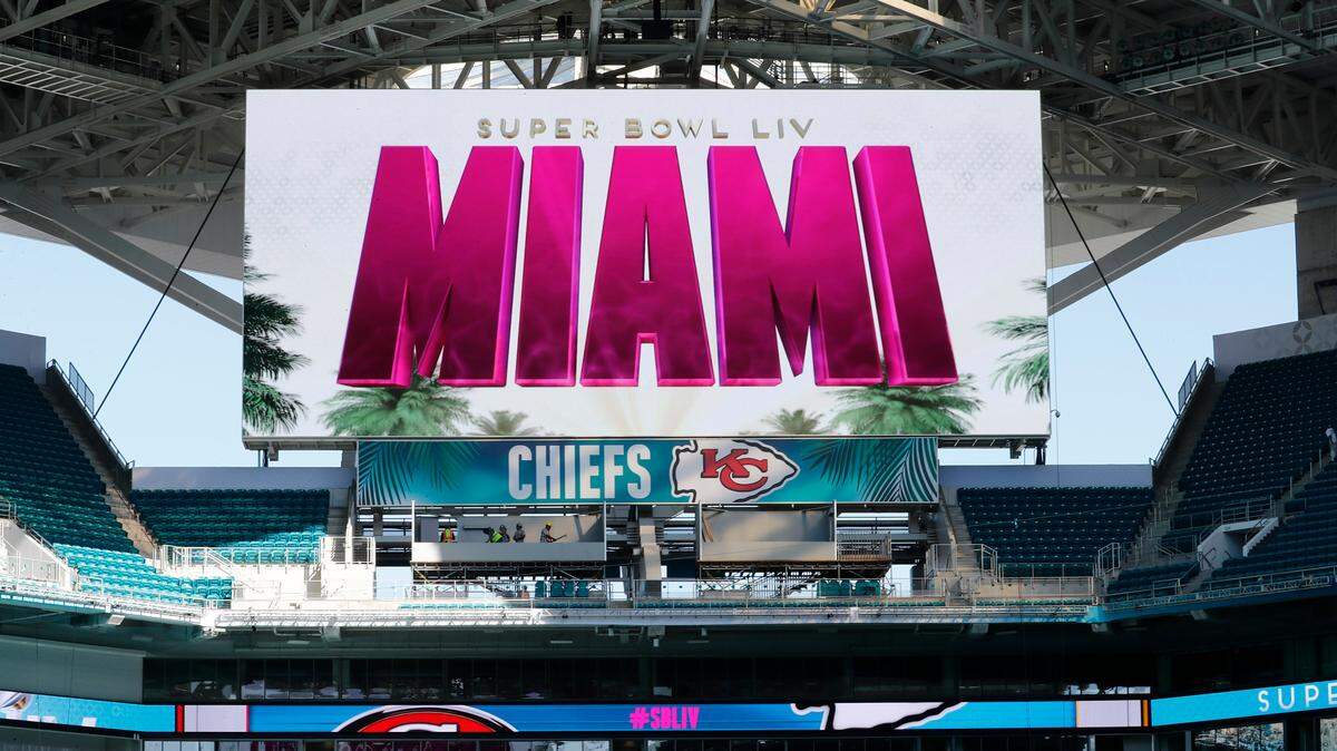 A scoreboards is seen during a tour of Hard Rock Stadium on Tuesday, Jan. 21, 2020, ahead of a NFL Super Bowl LIV football game in Miami Gardens, Fla.