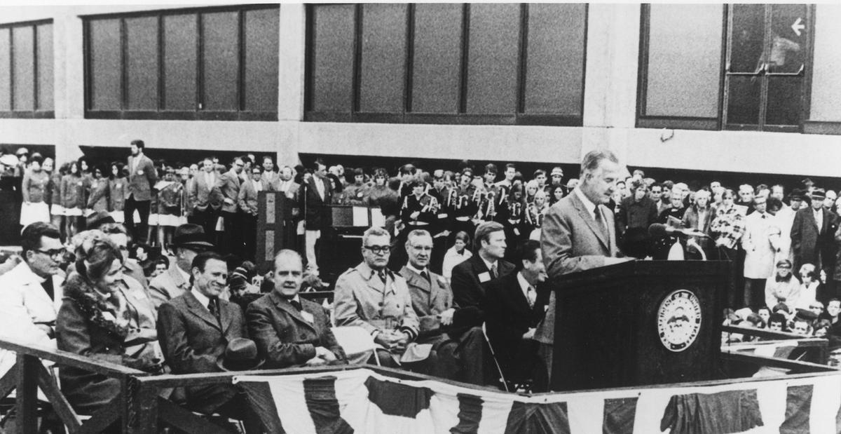 Vice president Spiro Agnew, at lectern, was on hand to dedicate the opening of the new Kansas City International Airport in November of 1972.