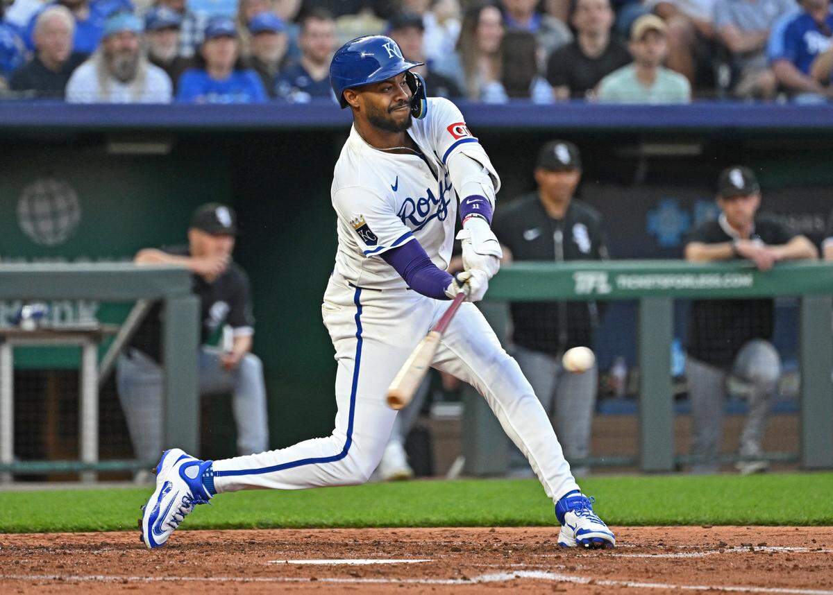 Royals third baseman Maikel Garcia hits an RBI single during a Monday, May 5, 2025 Major League Baseball game against the Chicago White Sox at Kauffman Stadium in Kansas City.