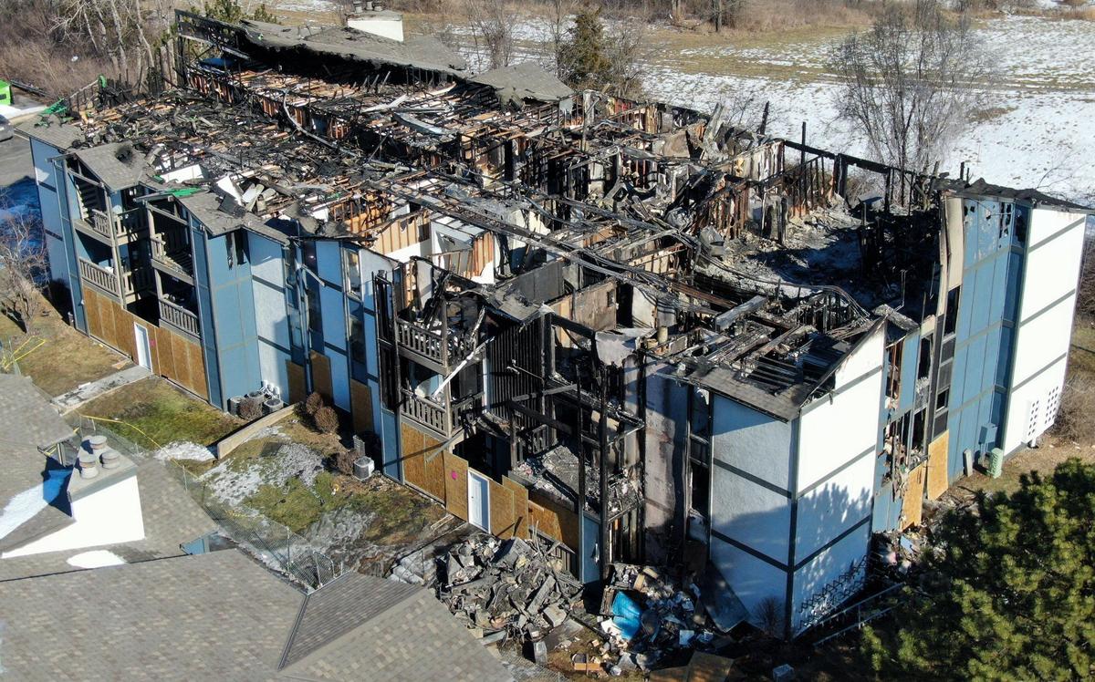 The aftermath of a devastating fire was visible at the Indy Ridge Apartment complex in Independence on Thursday, Jan. 23, 2025. The blaze, which occurred Wednesday, claimed the lives of a family of four, including two children, ages 3 and 8, and their parents.