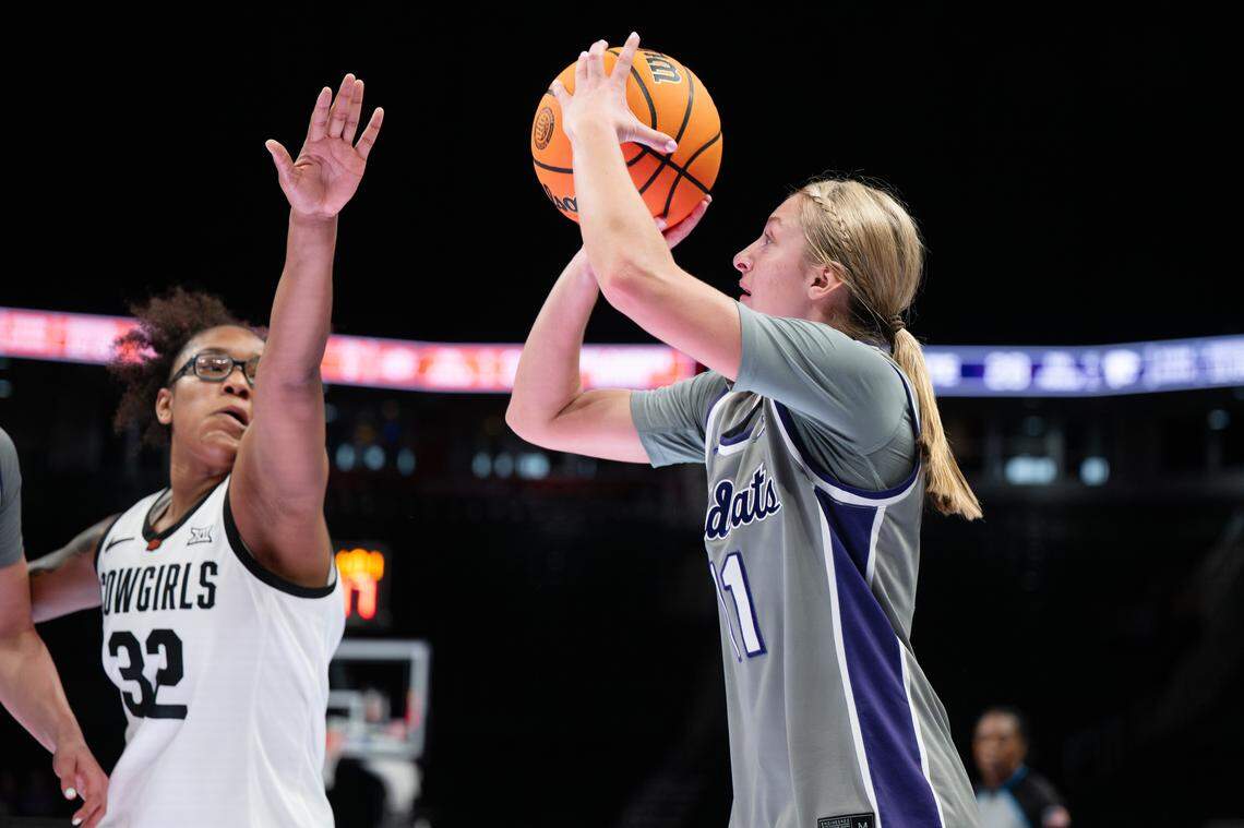 Kansas State Wildcats guard Taryn Sides (11) lines up a three-point shot against Oklahoma State during the Big 12 Women’s Basketball Tournament.
