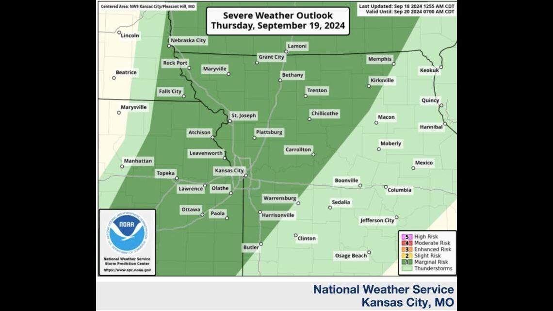 The Kansas City area will be at a marginal risk of severe weather Thursday night, according to the National Weather Service’s Storm Prediction Center. Hail up to the size of quarters, wind gusts to 60 mph and an isolated tornado are the main threats.