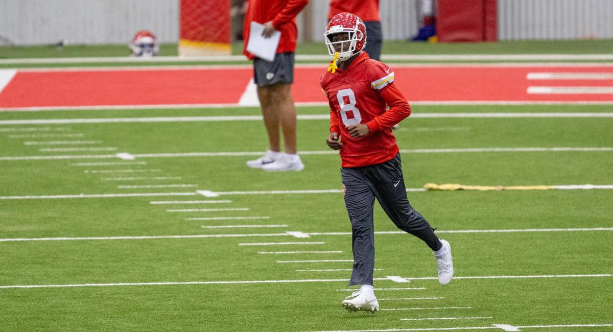 Kansas City Chiefs wide receiver Justyn Ross (8) runs during practice on Wednesday, Oct. 25, 2023, in Kansas City.