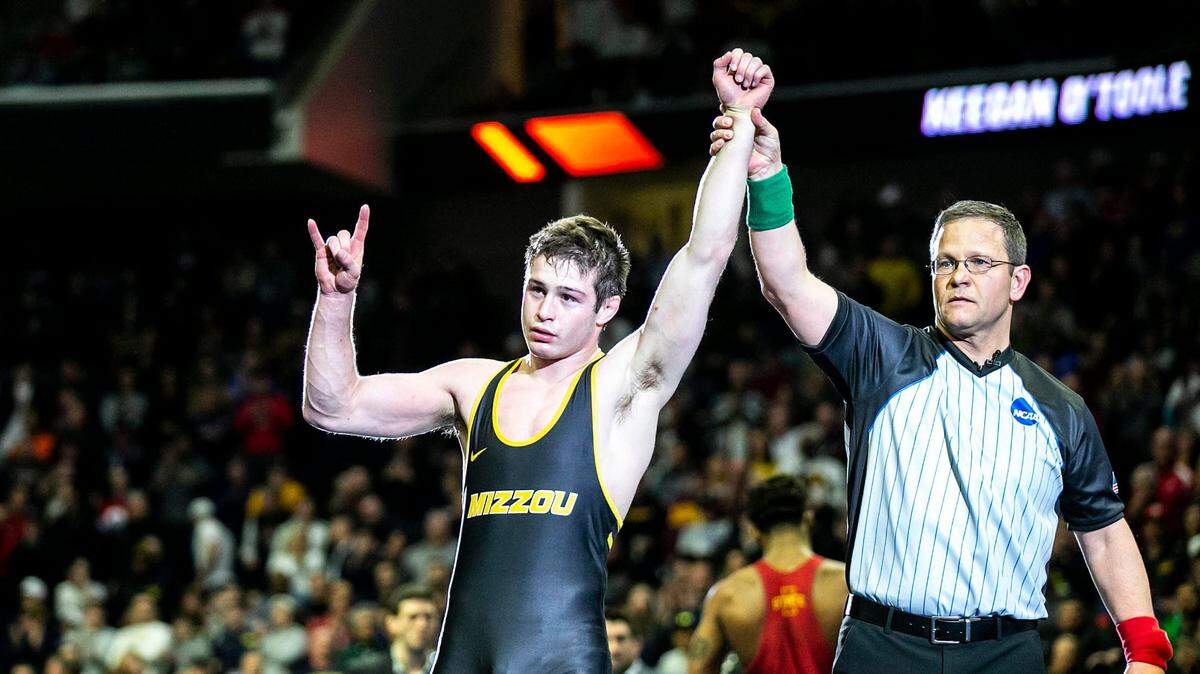 Missouri’s Keegan O’Toole celebrates after his match against Iowa State’s David Carr at 165 pounds in the finals during the sixth session of the NCAA Division I Wrestling Championships, Saturday, March 18, 2023, at BOK Center in Tulsa, Okla. 
