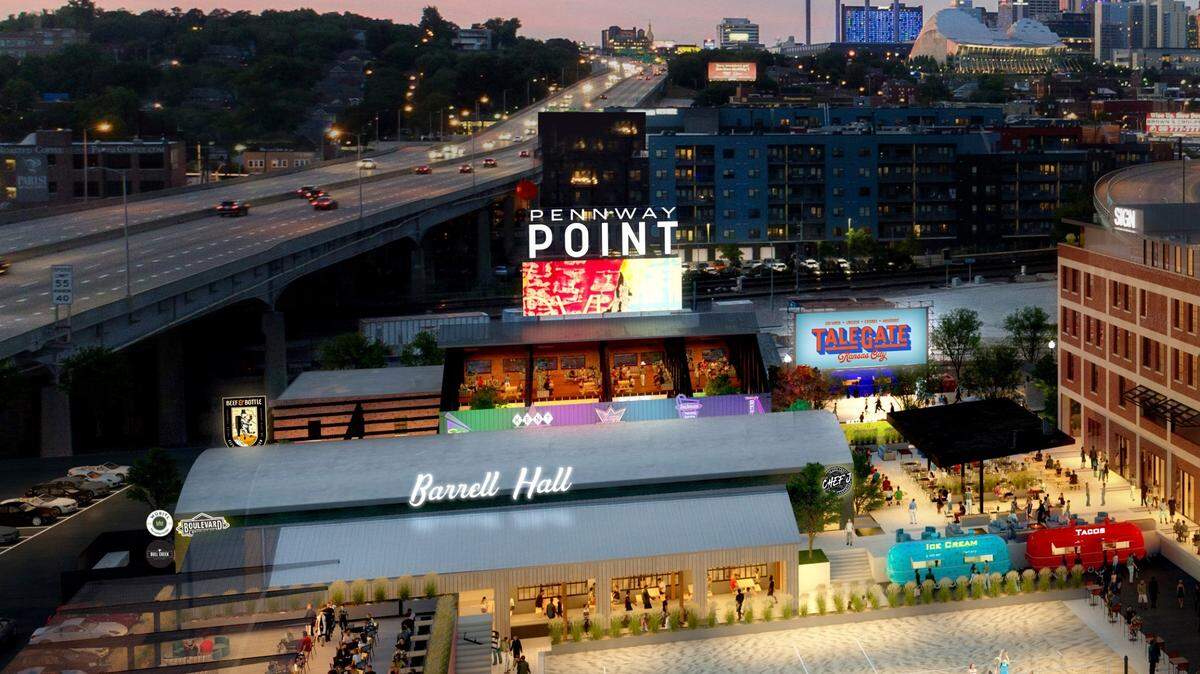 A rendering overlooking Pennway Point’s food halls, Talegate and Barrel Hall. Barrel Hall will be home to a Boulevard Brewery taproom, Chef J BBQ, The Bull Creek Distillery and Würstl.
