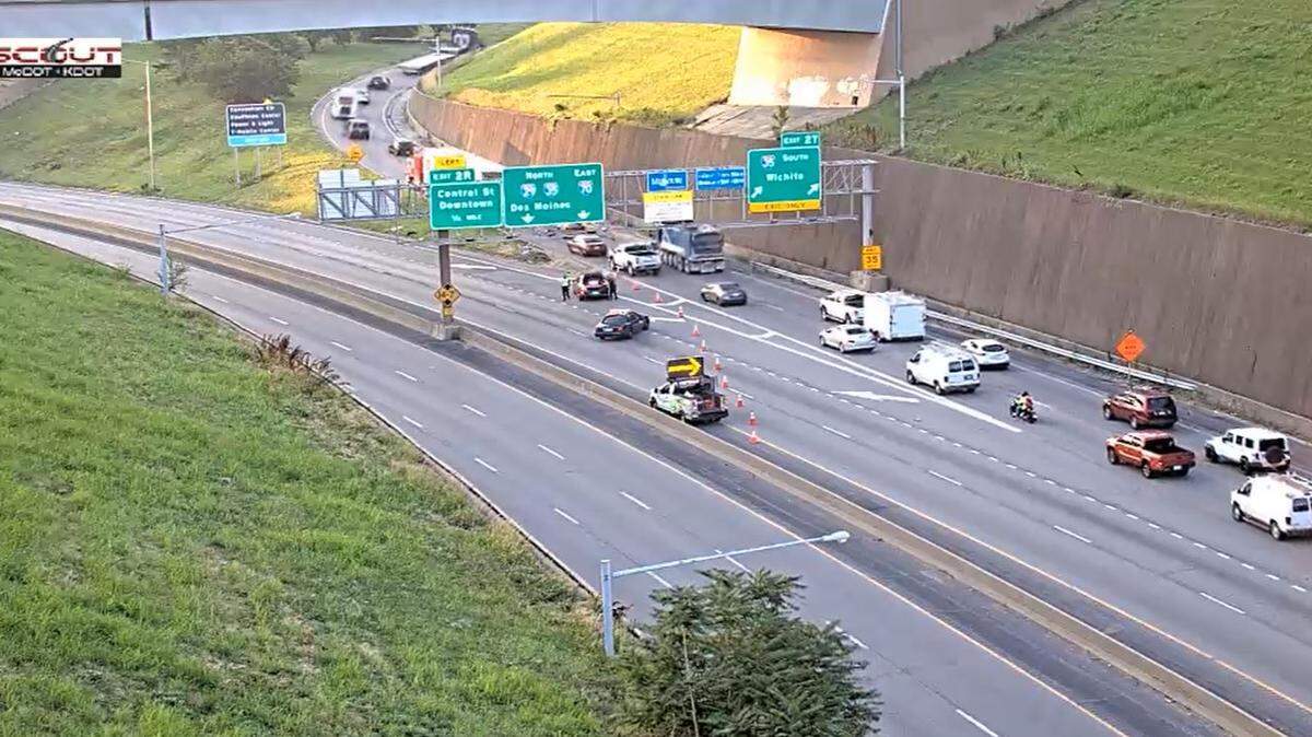 Westbound Interstate 670 traffic was being rerouted along southbound Interstate 35 after a fiery crash involving a cement truck forced I-670 in the southwest corner of Kansas City’s downtown loop to be shut down at the beginning of Tuesday morning’s rush hour, Kansas City Scout traffic camera showed.