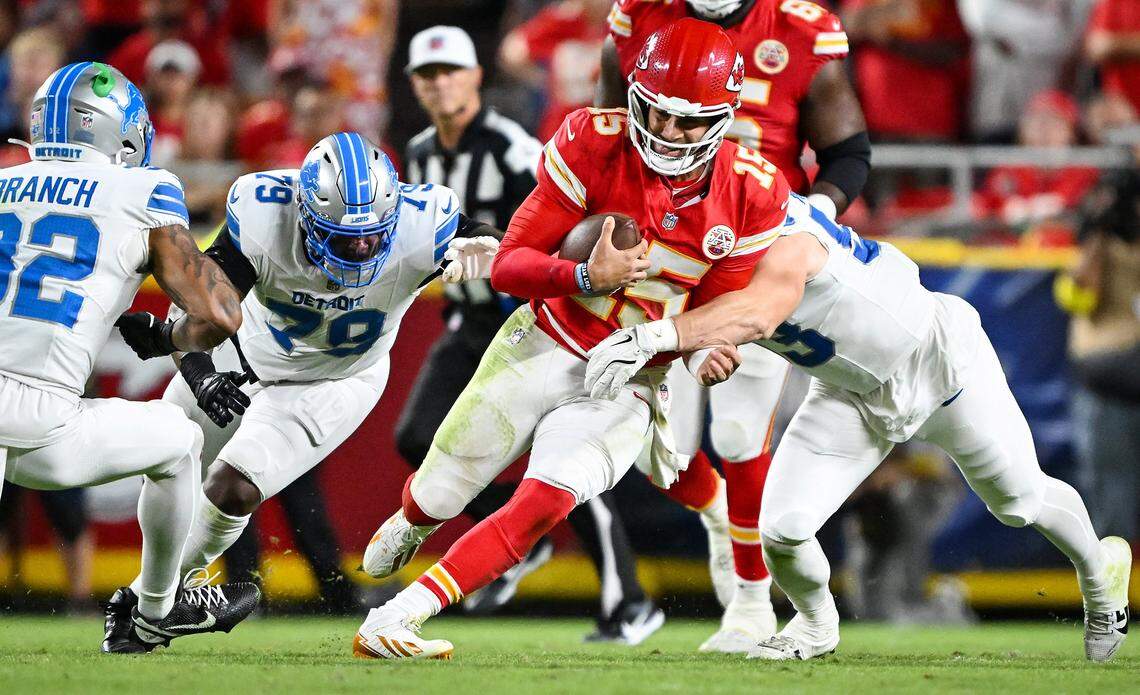 Kansas City Chiefs quarterback Patrick Mahomes (15) scrambles for yardage in the third quarter against the Detroit Lions defense on Sunday, Oct. 12, 2025, at GEHA Field at Arrowhead Stadium.
