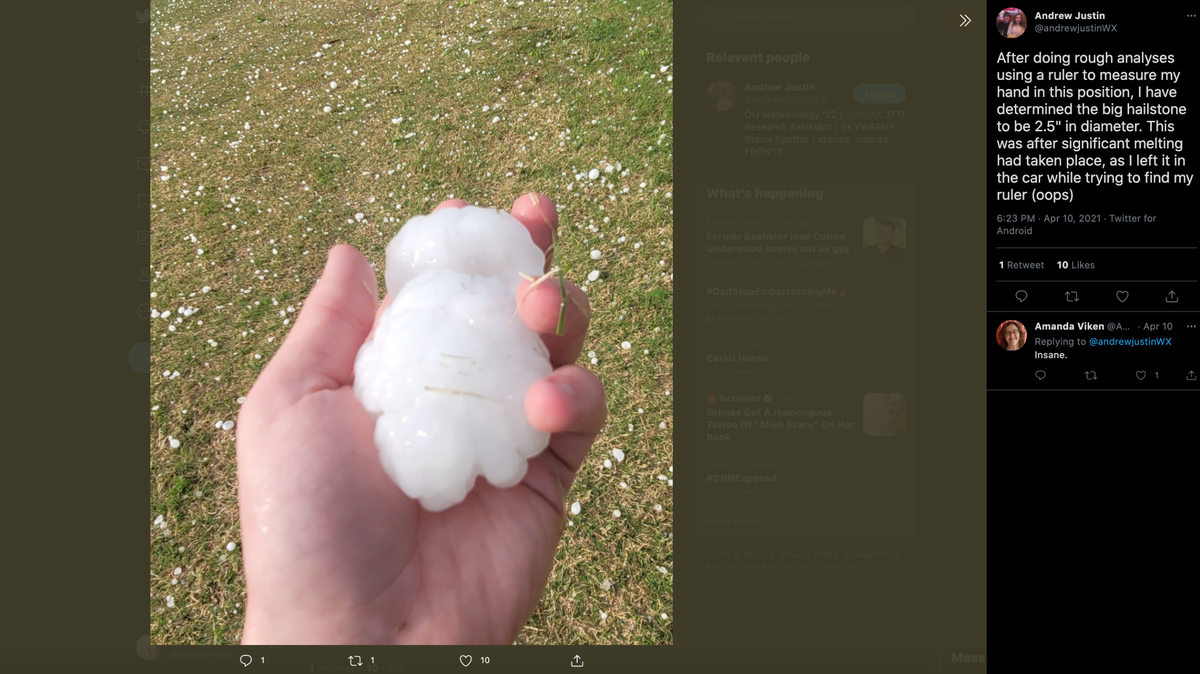 Storm chasers encountered a severe hailstorm in Oklahoma last week. A large hailstone busted through their car’s back window.
