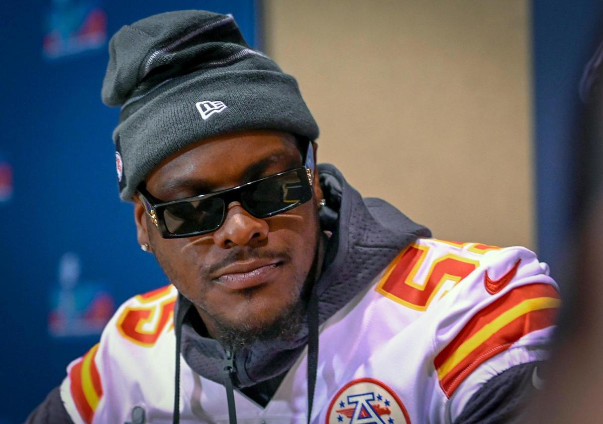 Kansas City Chiefs defensive end Frank Clark listens to a question during the Chiefs media availability Wednesday, Feb. 8, 2023, at Hyatt Regency Scottsdale Resort & Spa at Gainey Ranch in Arizona.