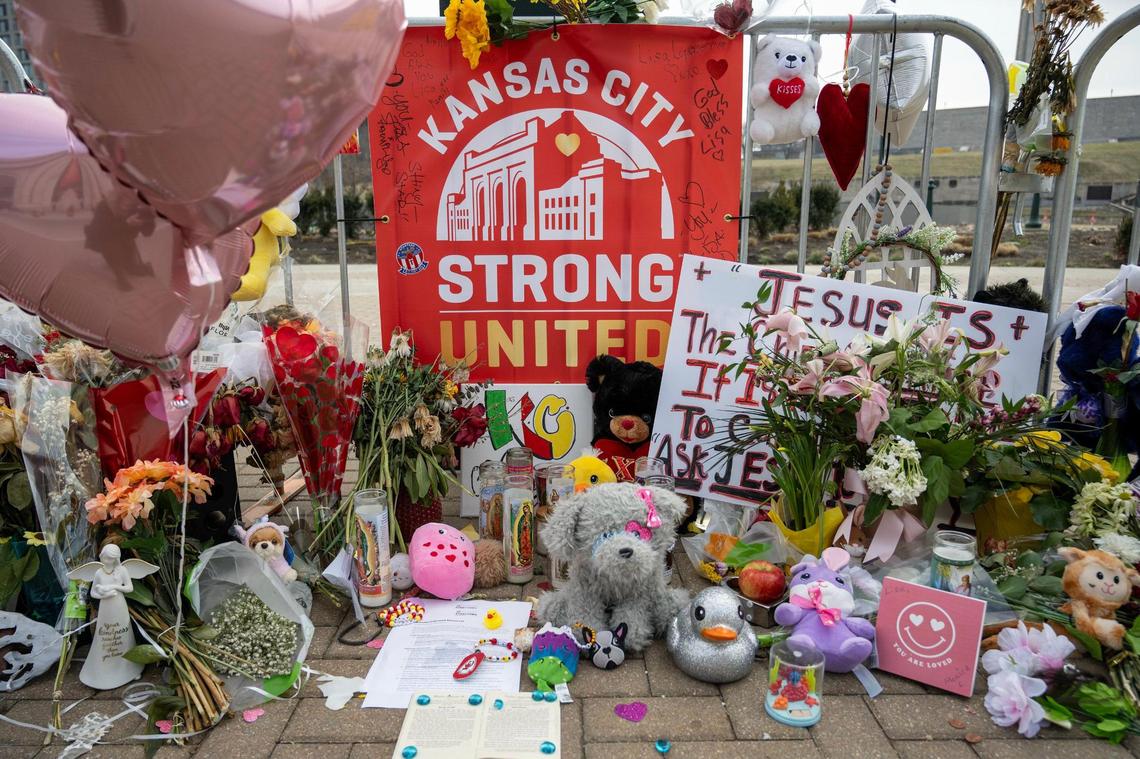 A memorial for the victims of the shooting during the Chiefs Super Bowl rally is seen in the parking lot of Union Station on Wednesday, Feb. 21, 2024, in Kansas City.