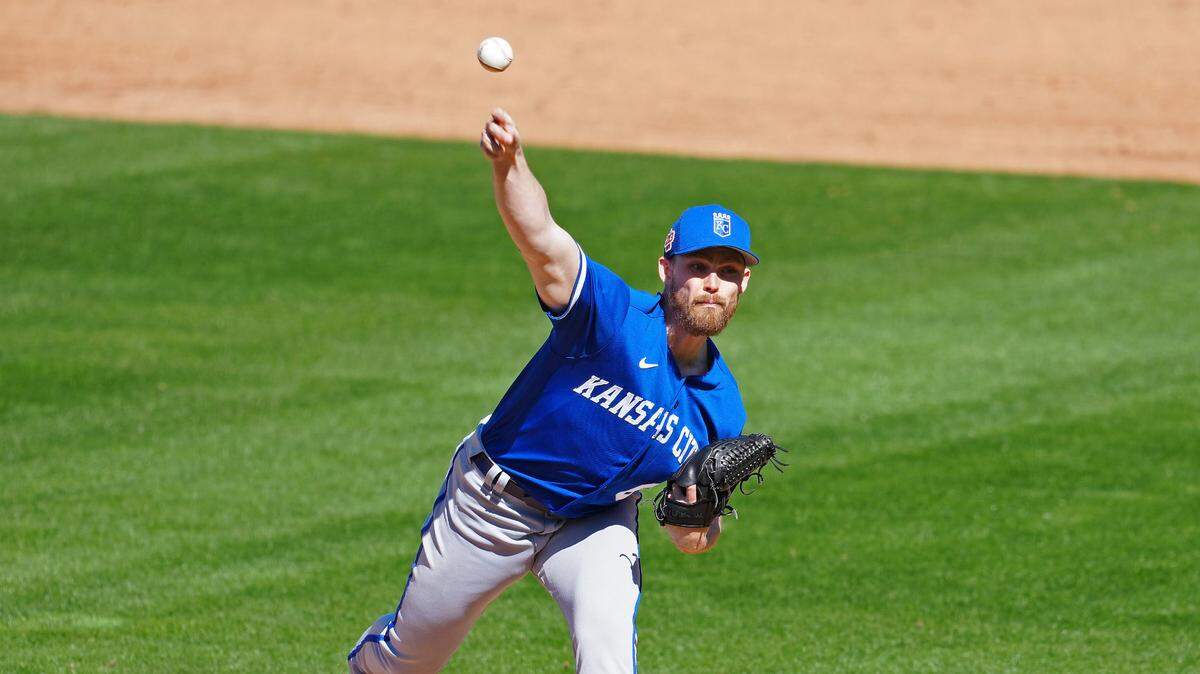 Kansas City Royals relief pitcher Josh Staumont (63) throws against the Colorado Rockies during the fifth inning at Las Vegas Ballpark on March 18, 2023.