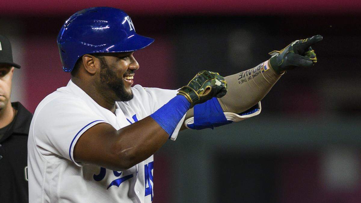Kansas City Royals’ Hanser Alberto celebrates after hitting a two-run double during the sixth inning of a baseball game against the Houston Astros, Tuesday, Aug. 17, 2021, in Kansas City, Mo. (AP Photo/Reed Hoffmann)