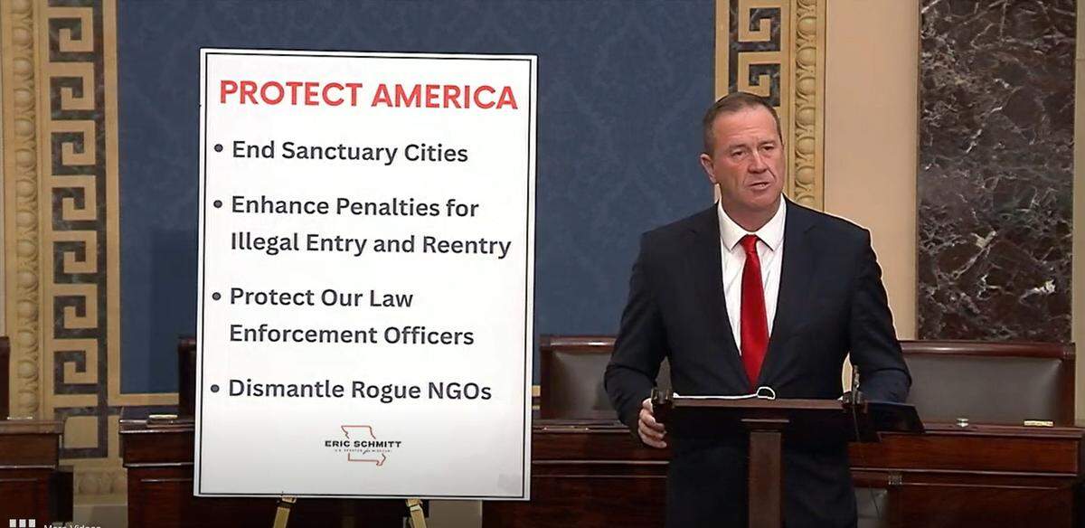 U.S. Sen. Eric Schmitt, a Missouri Republican, gave a speech on the Senate floor on Friday, Jan. 30 that defended ICE. He attacked Democrats and framed the fight over immigration policy as “a debate about whether the United States remains a nation or not.”