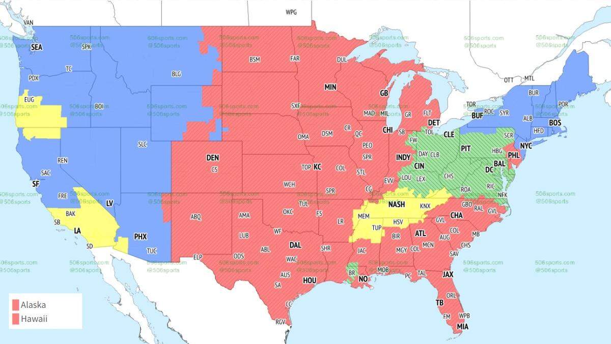 The Chiefs-Jaguars game is in red. Raiders-Bills is in blue, Ravens-Bengals is in green and the yellow represents the Chargers-Titans contest.
