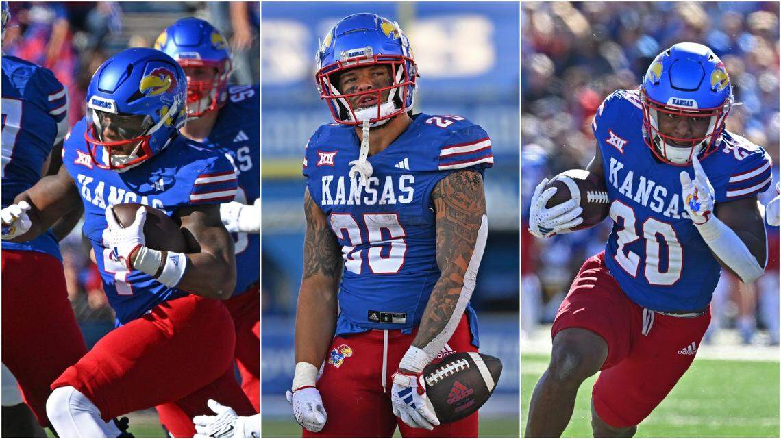 The Kansas football run game, including backs Devin Neal (left), Dylan McDuffie (middle) and Daniel Hishaw (right), totaled 399 rushing yards in Saturday’s win over UCF at David Booth Kansas Memorial Stadium.