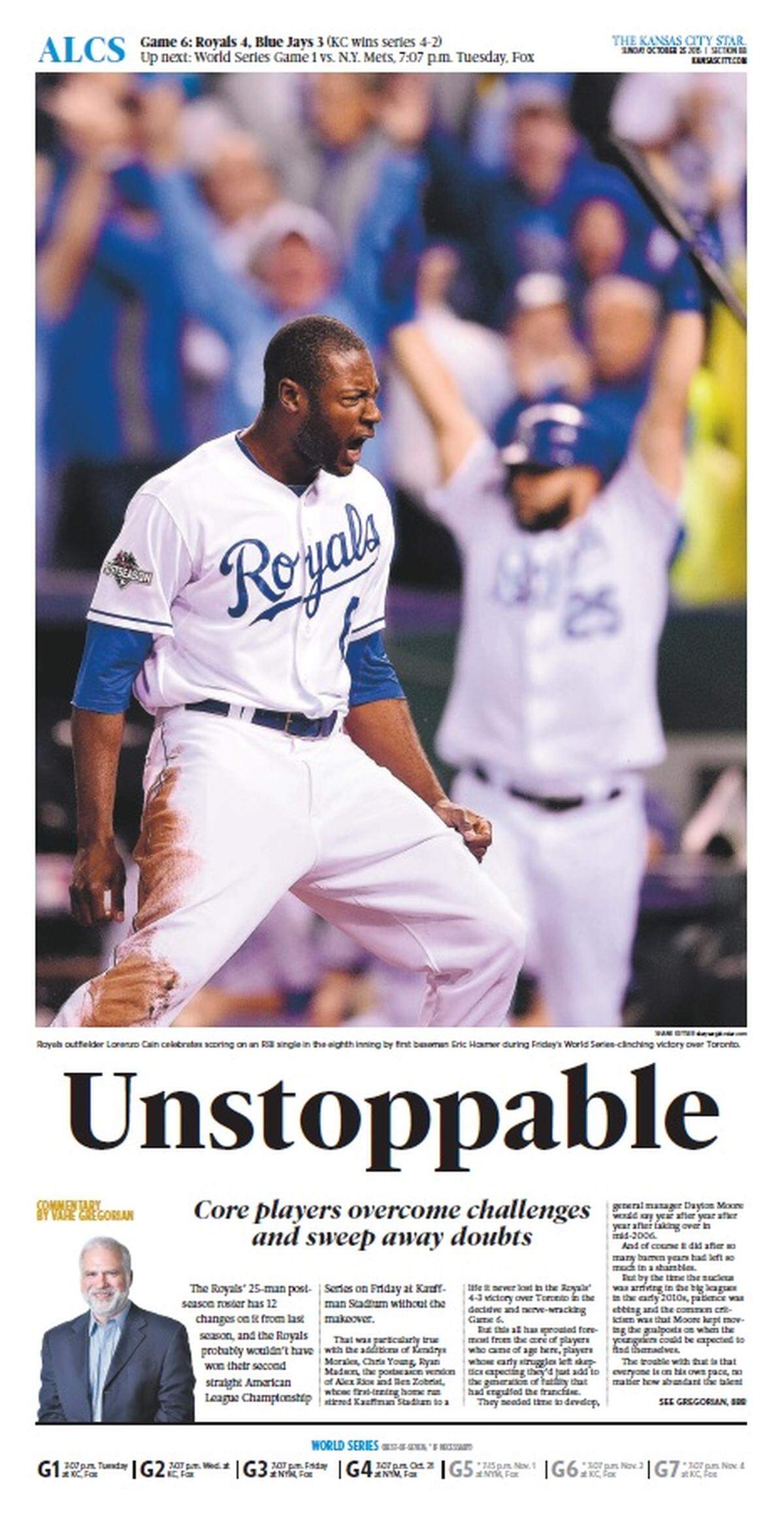 The front page of The Kansas City Star sports section the day after the Royals beat the Blue Jays in Game 6 of the American League Championship Series on Oct. 23, 2015.