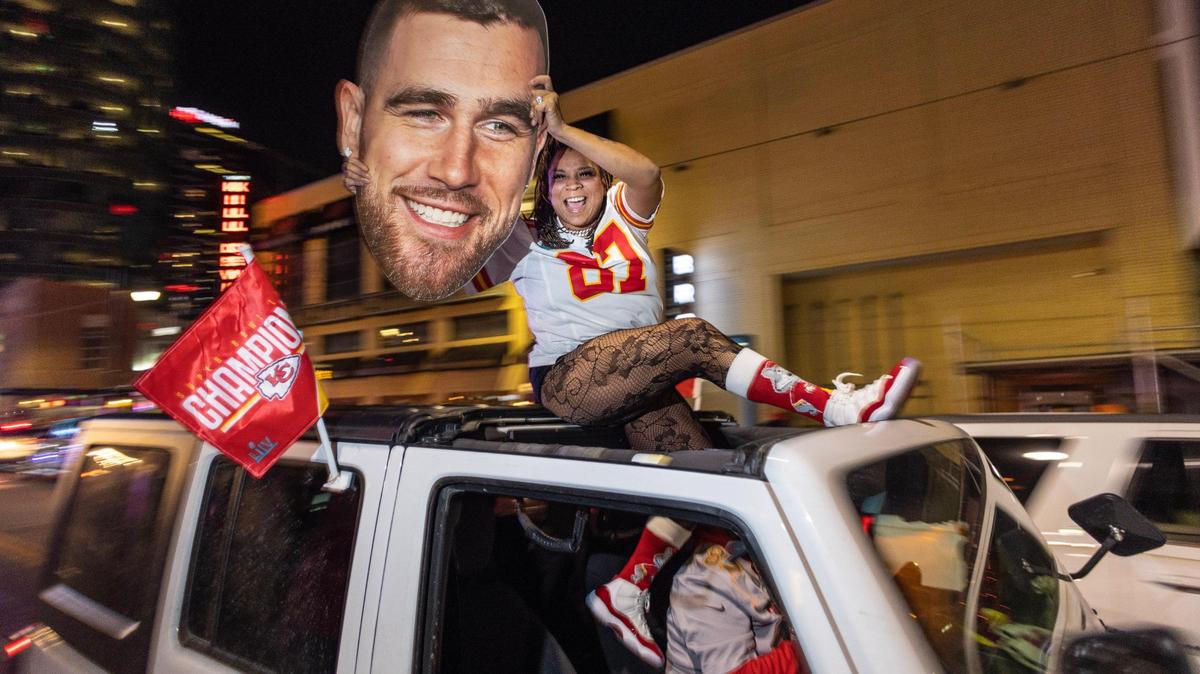 Chiefs fans celebrate in downtown Kansas City after their hometown team defeated the Philadelphia Eagles to win their second Super Bowl in four years.