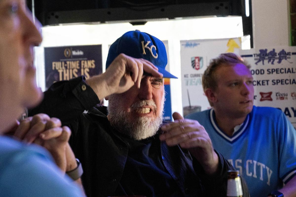 Robert Riccardi grimaces as he watches the Royals face off vs. the Baltimore Orioles at the Blue Line in the River Market on Wednesday, Oct. 2, 2024. The Royals won the game 2-1 and advanced to play the New York Yankees.