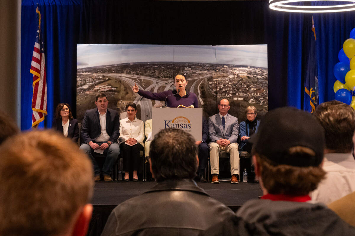 U.S. Rep. Sharice Davids speaks at the ribbon cutting ceremony for the opening of new US-69 Highway Express Lane, on Tuesday, February 17, 2026, in Overland Park.