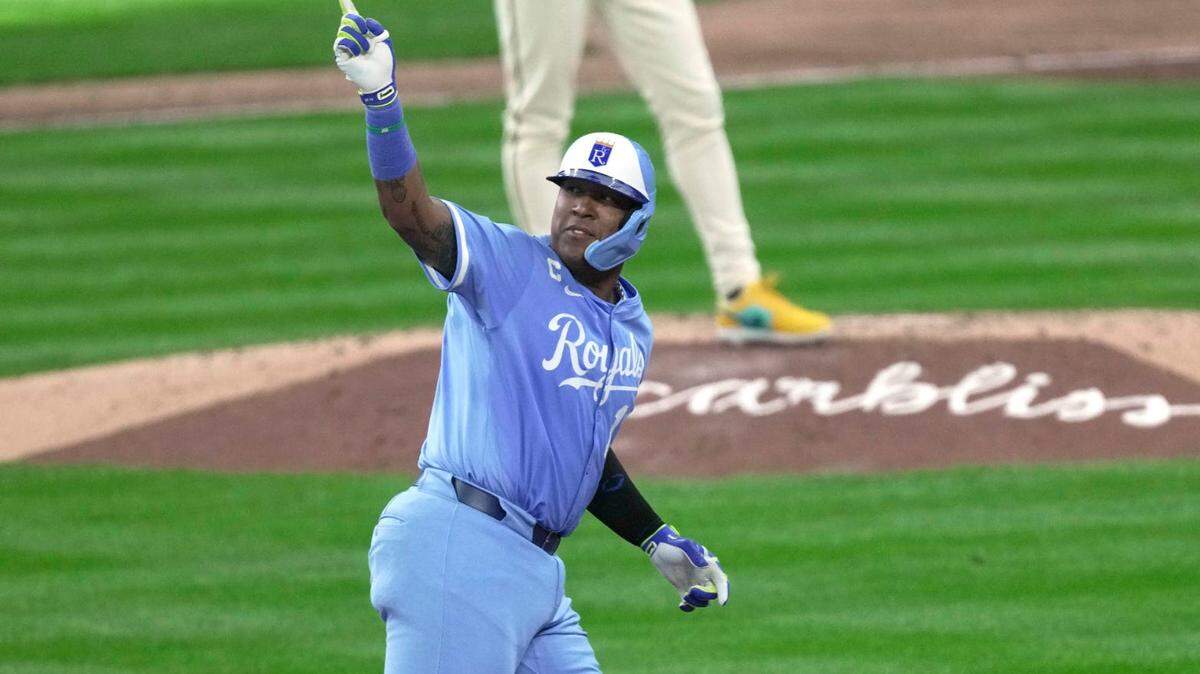 Kansas City Royals superstar Salvador Perez says goodbye to his 274th career home run, a solo shot off Milwaukee Brewers pitcher Elvis Peguero on Monday, March 31, 2025, at American Family Field in Milwaukee, Wisconsin.